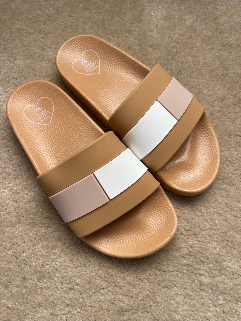 Women’s Tan Slides with Cream and Blush Accents